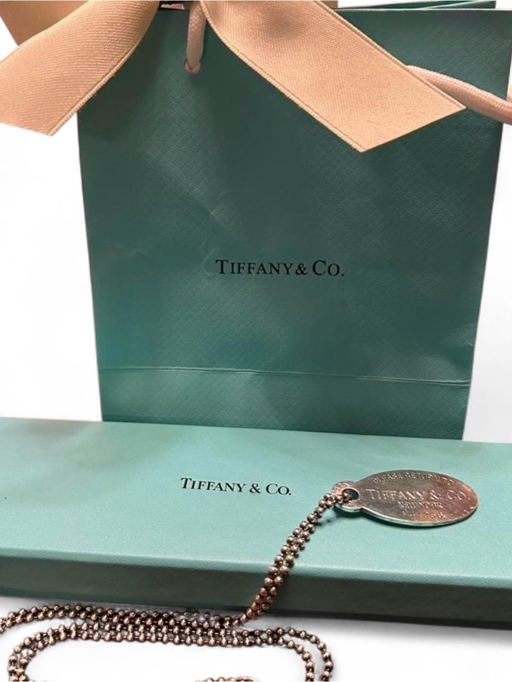Tiffany & Co. Tiffany Blue Box and Shopping Bag with Silver Tag Necklace